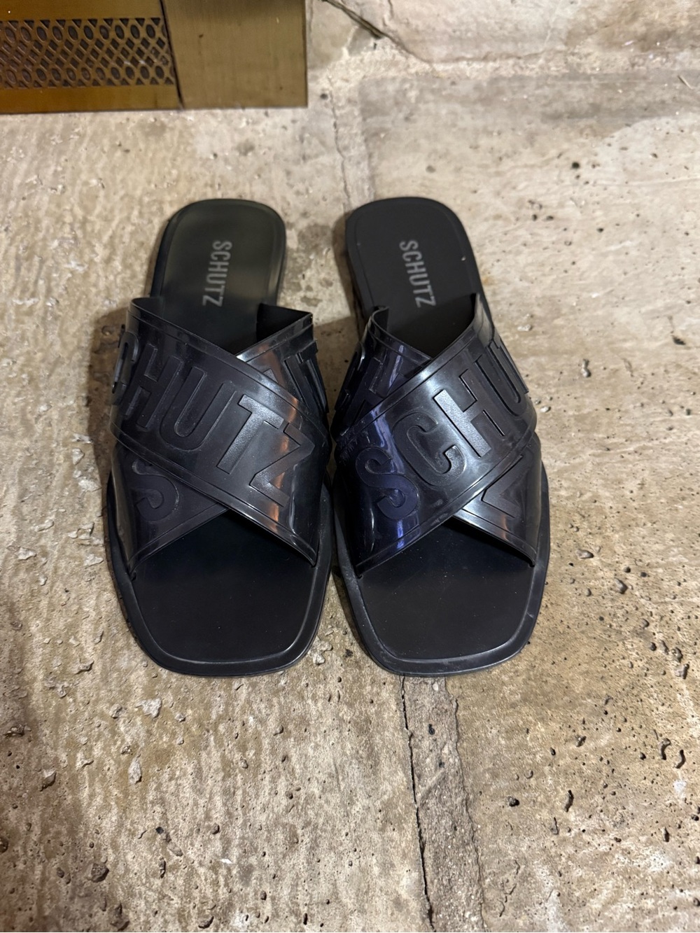 SCHUTZ Black Crisscross Logo Slide Sandals